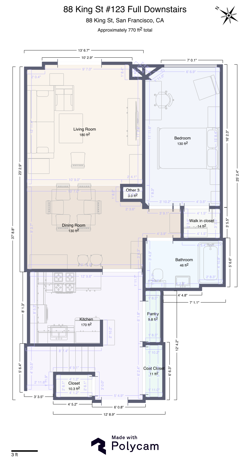 Downstairs floor plan — second bedroom, bathroom, living room, dining room, and kitchen