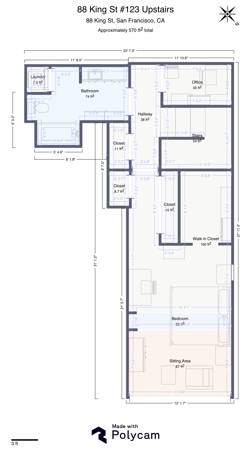 Upstairs floor plan — primary bedroom, bathroom, closet, and office