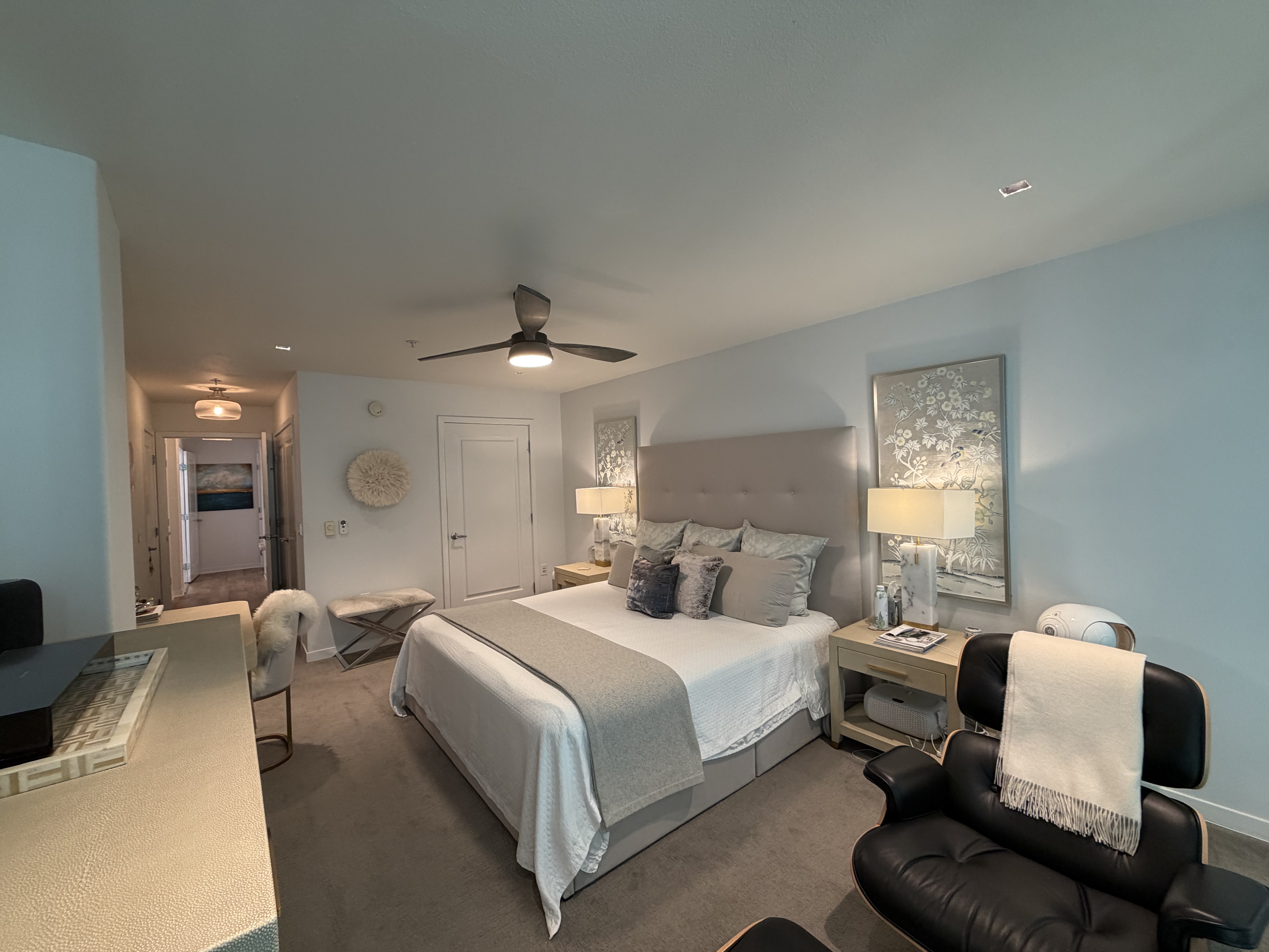 Panoramic bedroom with desk area